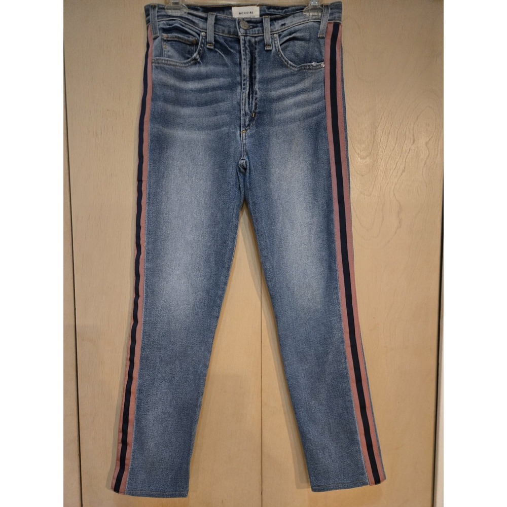 McGuire Ibiza Jeans Women 28 Pink Navy Side Stripe High Rise Slim Straight USA